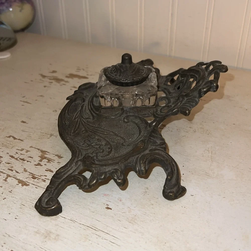 Vintage cast Metal inkwell